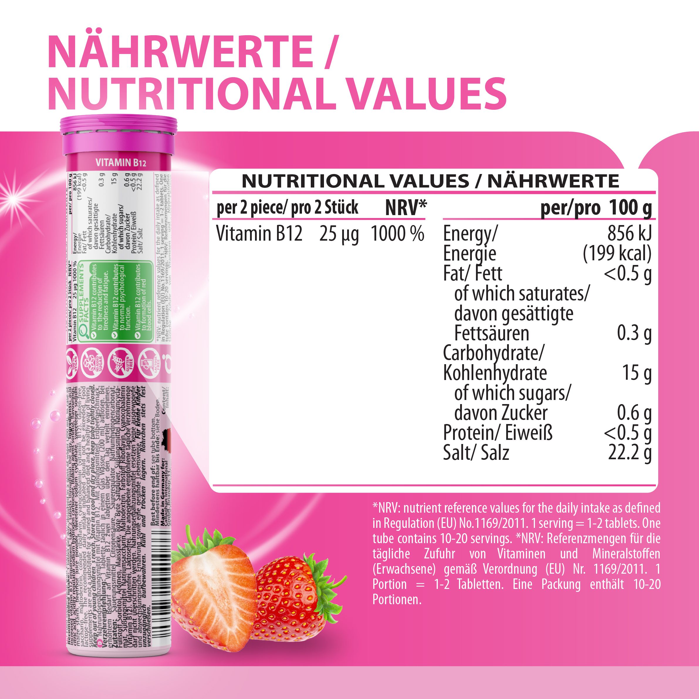 Produktabbildung EVÄM Vitamin B12. Rosa Hintergrund mit Nährwertangaben pro Portion und pro 100g. Enthält Vitamin B12.
