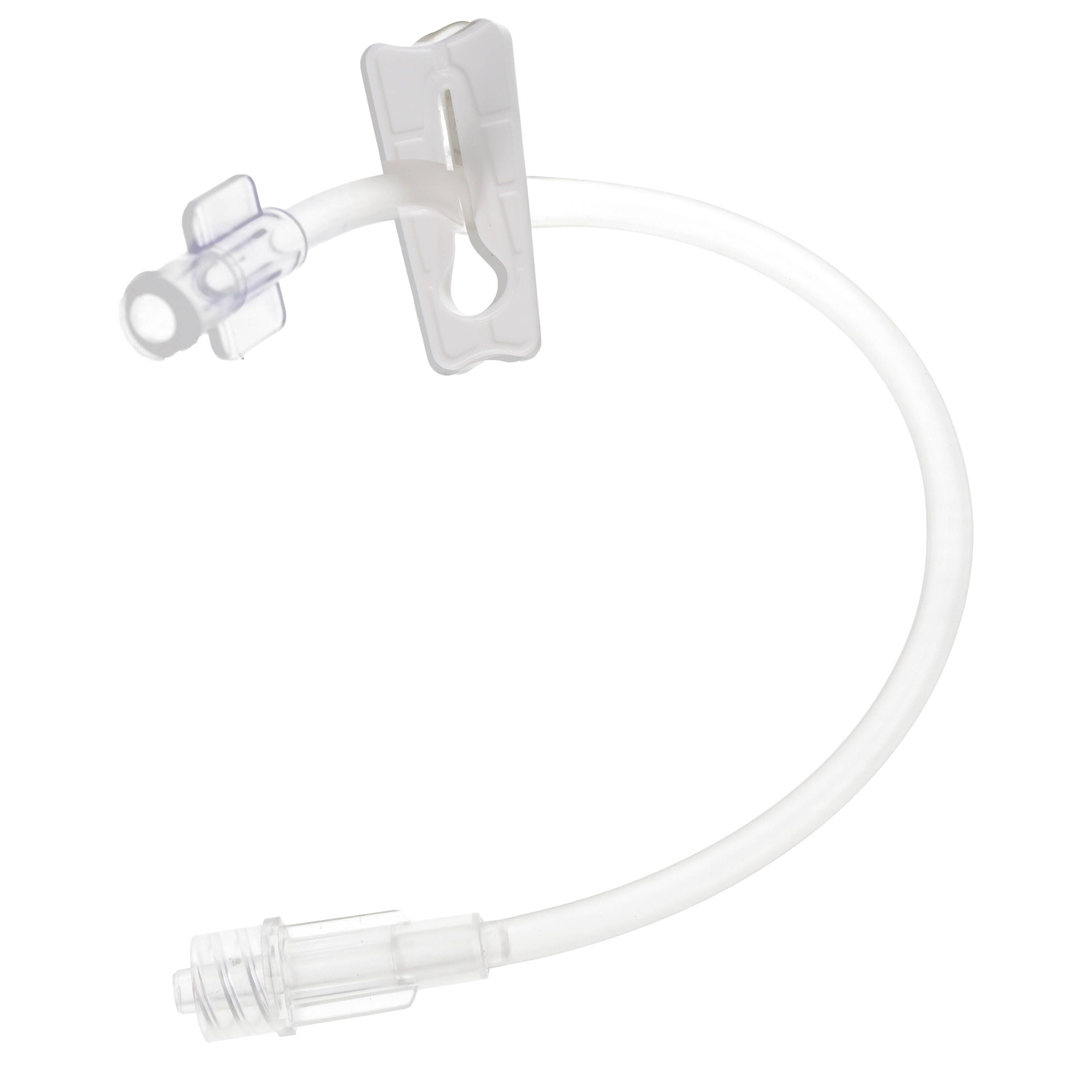 Transparenter Verlängerungsschlauch mit Clip und Anschlüssen. Gebogene Form.