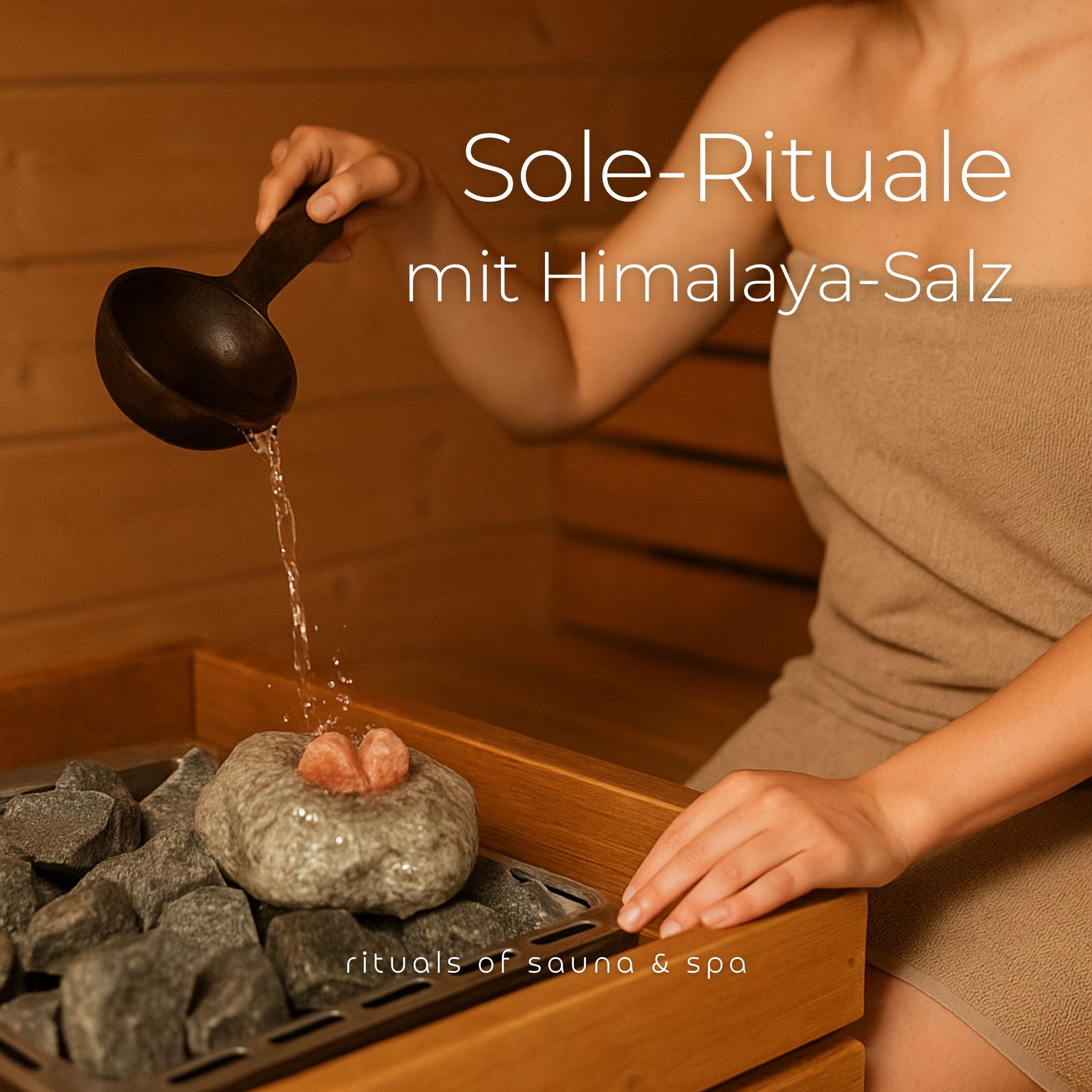 Person gießt Wasser auf Saunastein mit Salz. Text: Sole-Rituale mit Himalaya-Salz. Rituals of sauna & spa.