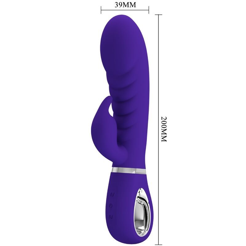 Lila Vibrator mit abgerundeter Spitze und G-Punkt-Stimulator. Maße: 200mm x 39mm.