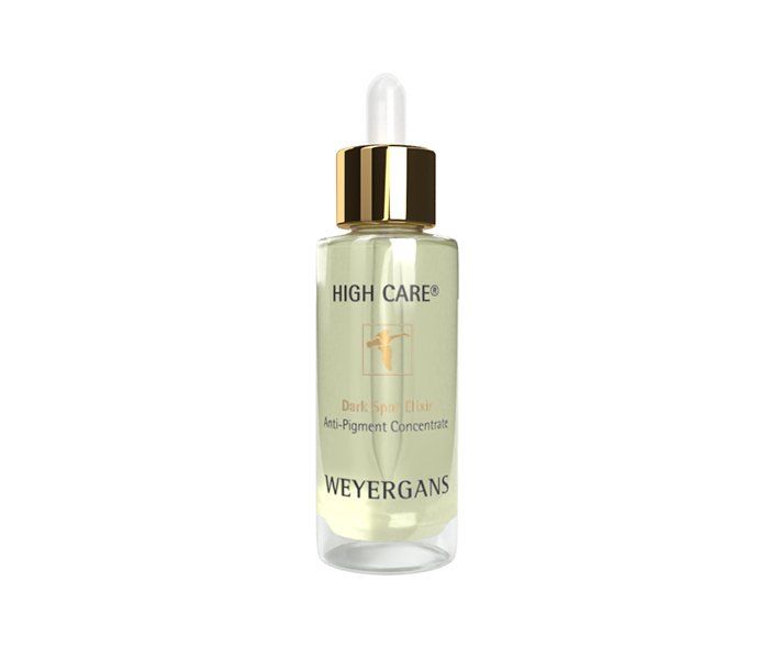 Flüssigkeit in einer Glasflasche mit Pipette. Aufschrift: HIGH CARE, Dark Spot Elixir, Weyergans.