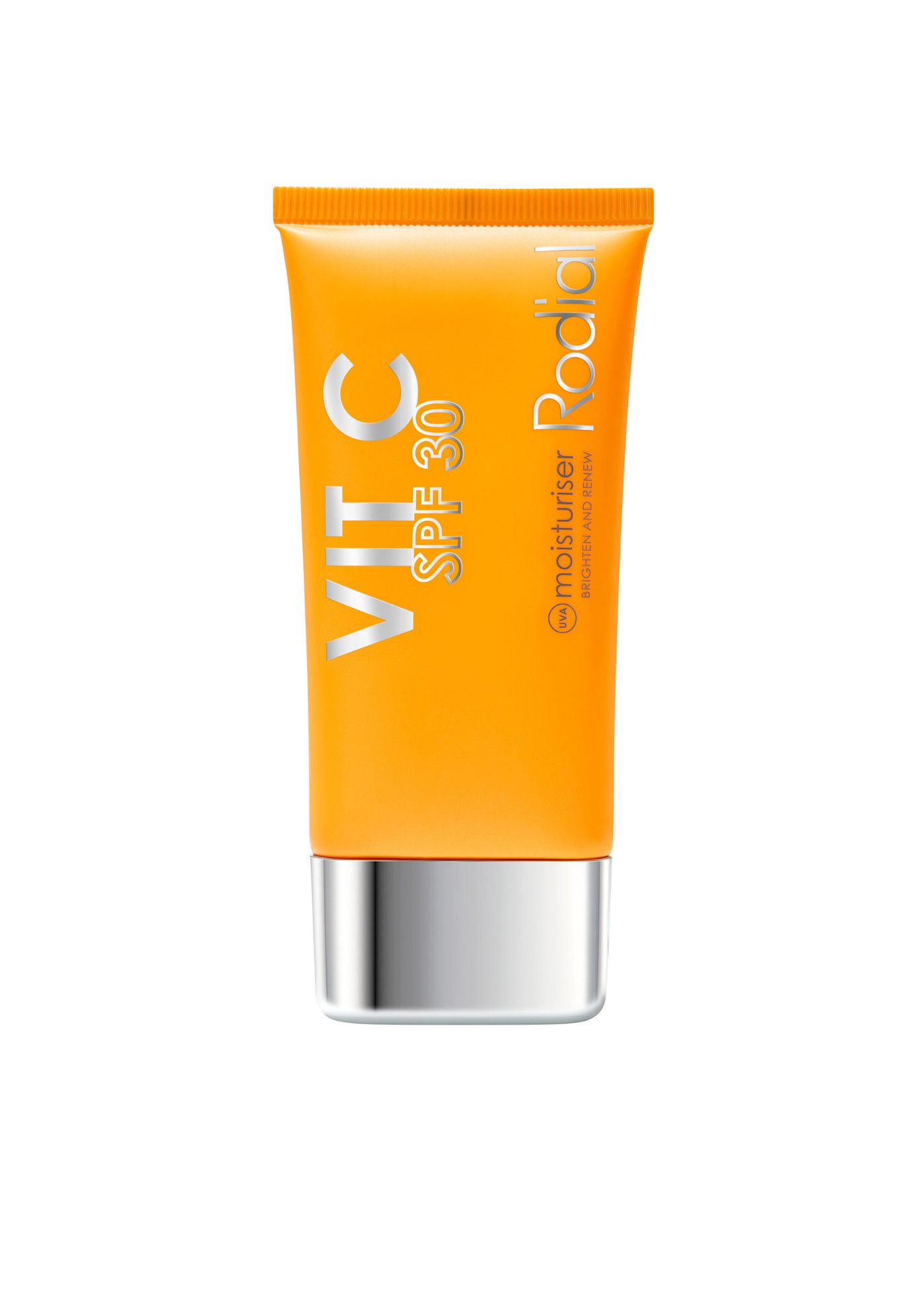 Orange Tube mit silbernem Boden. Text: Vit C SPF 30, Rodial. Aufschrift: Moisturiser, Brighten and Renew.