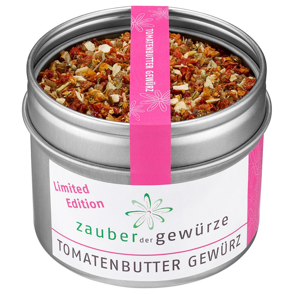 Runde Metall-Dose mit Gewürzmischung. Rosa Etikett mit 'Zauber der Gewürze Tomatenbutter Gewürz' und 'Limited Edition'.
