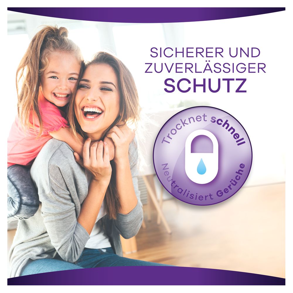 Frau und Kind lachen. Text: Sicherer und zuverlässiger Schutz. Mit Symbol: Trocknet schnell, neutralisiert Gerüche.