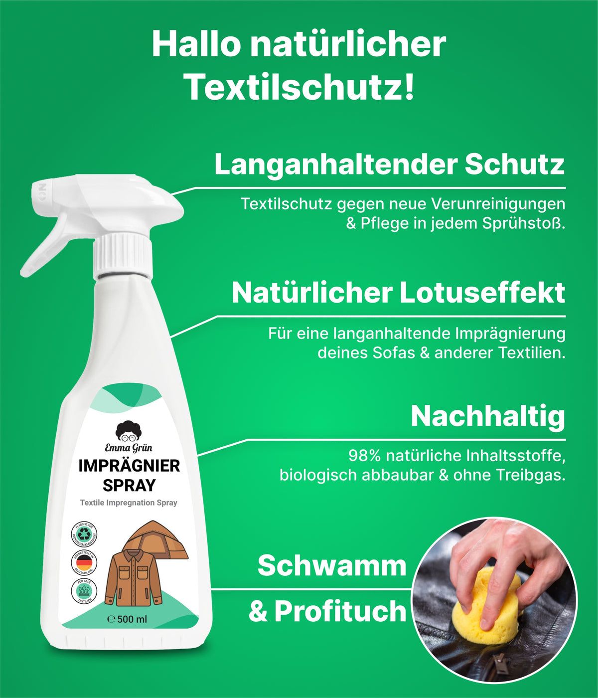 Emma Grün® Polstermöbel reinigen Set mit Reiniger, Geruchsvernichter & Imprägnierer