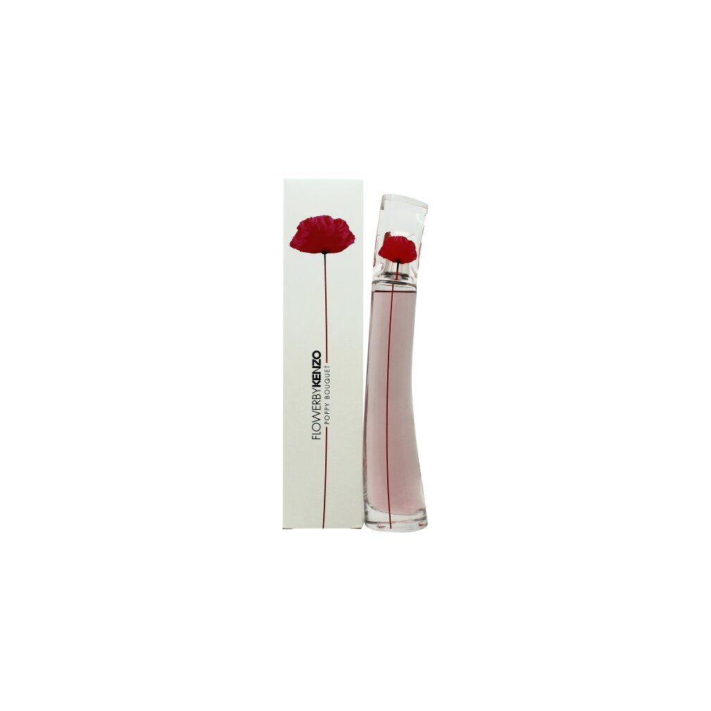 Parfümflakon und Verpackung. Flakon mit rosa Flüssigkeit, Verpackung mit Mohnblume und Schriftzug: FLOWERBYKENZO POPPY BOUQUET.