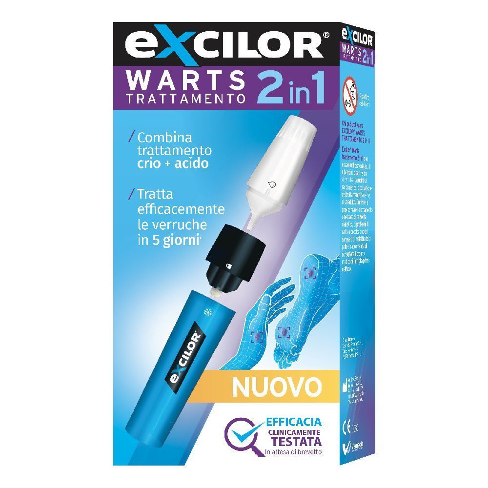 Confezione di EXCILOR® Warts 2in1. Include applicatore e flacone blu. Testo: 'Trattamento' e '2in1'.