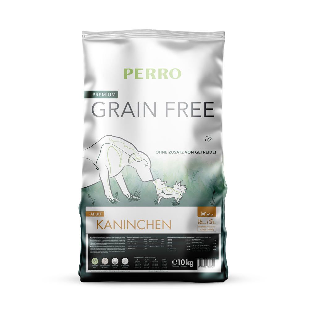 Hundefutter-Beutel. PERRO, Grain Free, Adult Kaninchen. Illustration von Hund und Kaninchen. Ohne Zusatz von Getreide. 10 kg.