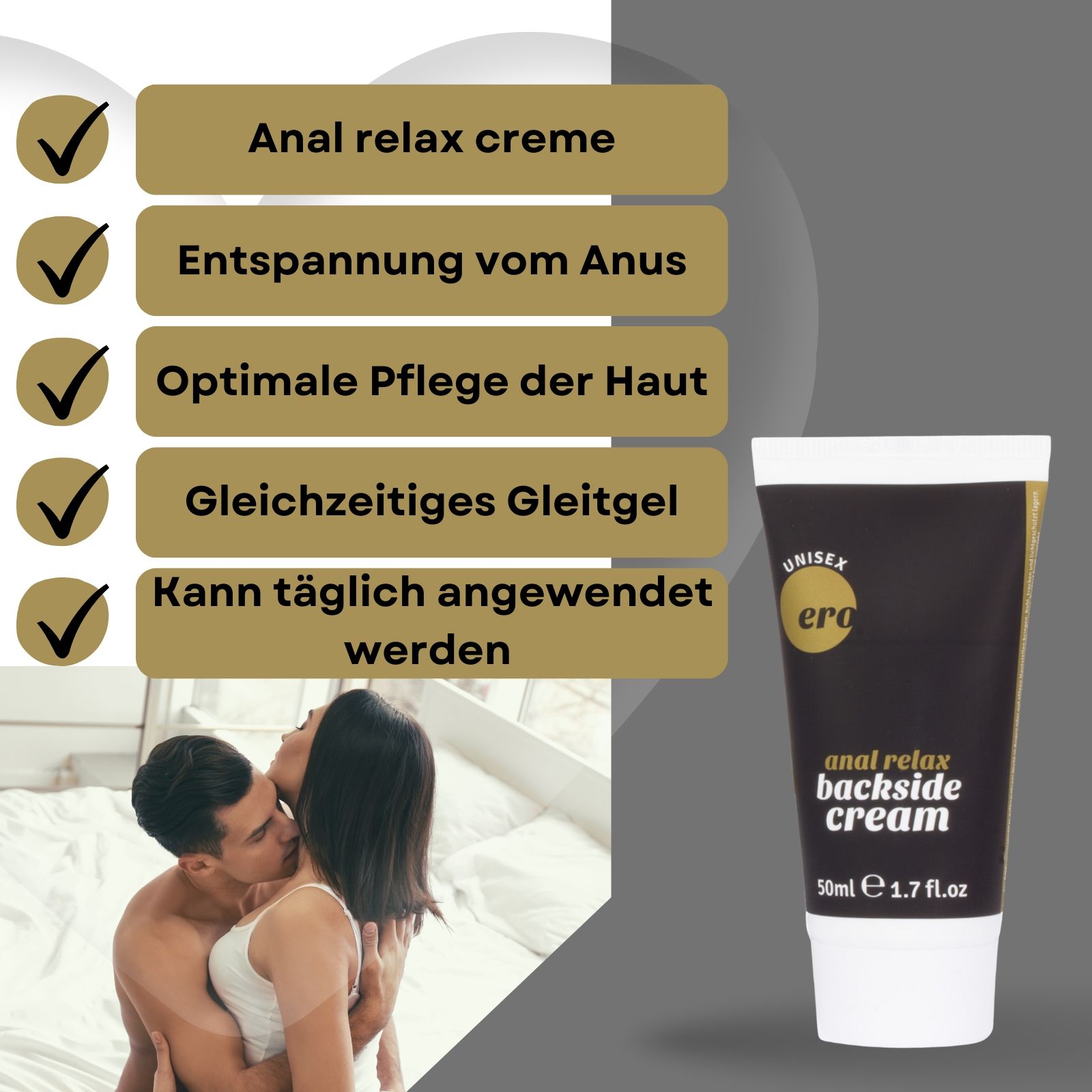 Creme-Tube und Text. Aufschrift: "Ero", "anal relax backside cream". Schwarzer Tube, goldfarbene Schrift. Paar im Hintergrund.