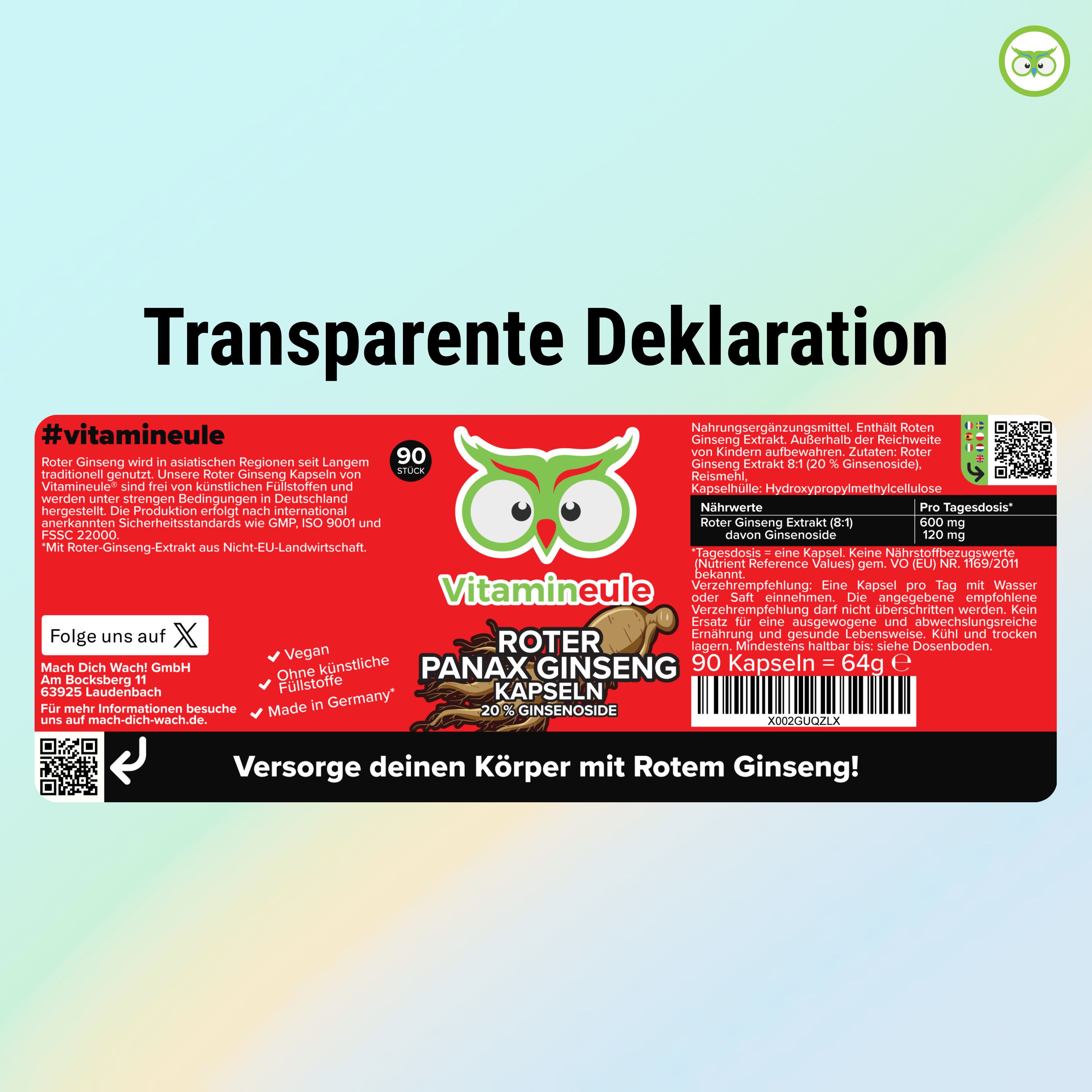 Transparente Deklaration. Rote Verpackung mit Text: #vitamineule, Roter Panax Ginseng Kapseln, 20% Ginsenoside. 90 Kapseln. QR-Code.