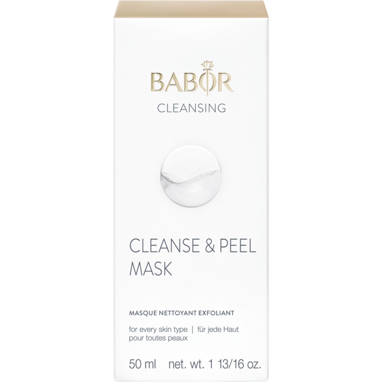 Weiße Verpackung mit Produktabbildung. Aufschrift: Babor Cleansing, Cleanse & Peel Mask. Französische und deutsche Bezeichnung.