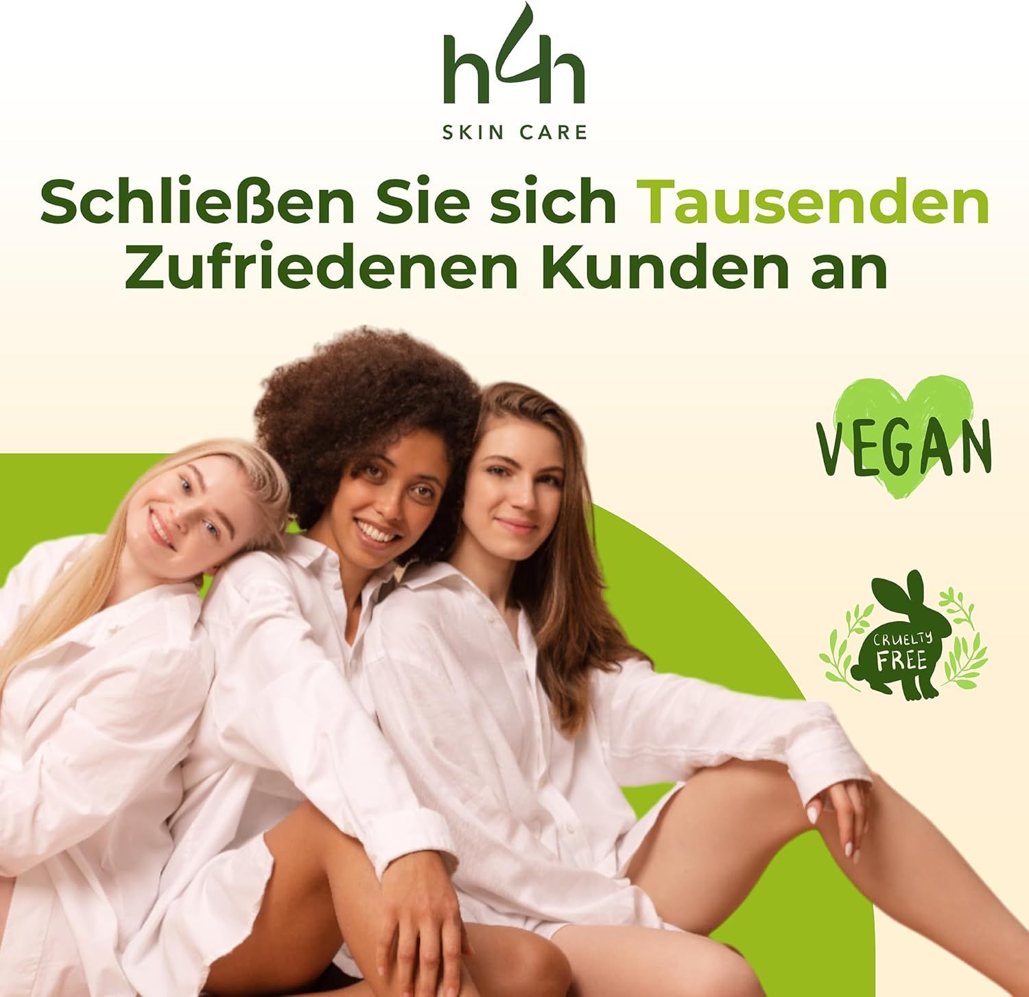 Drei Frauen. Text: Schließen Sie sich Tausenden zufriedenen Kunden an. Vegan, Cruelty Free.