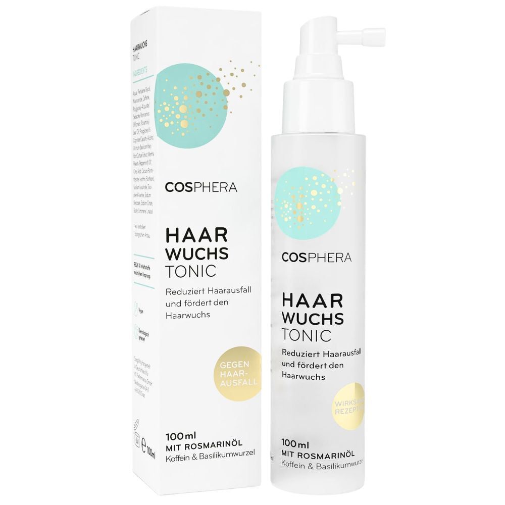 Klarflüssiges Haarwuchs Tonic mit Sprühkopf und Verpackung. Aufschrift: Cosphera Haarwuchs Tonic, 100ml.