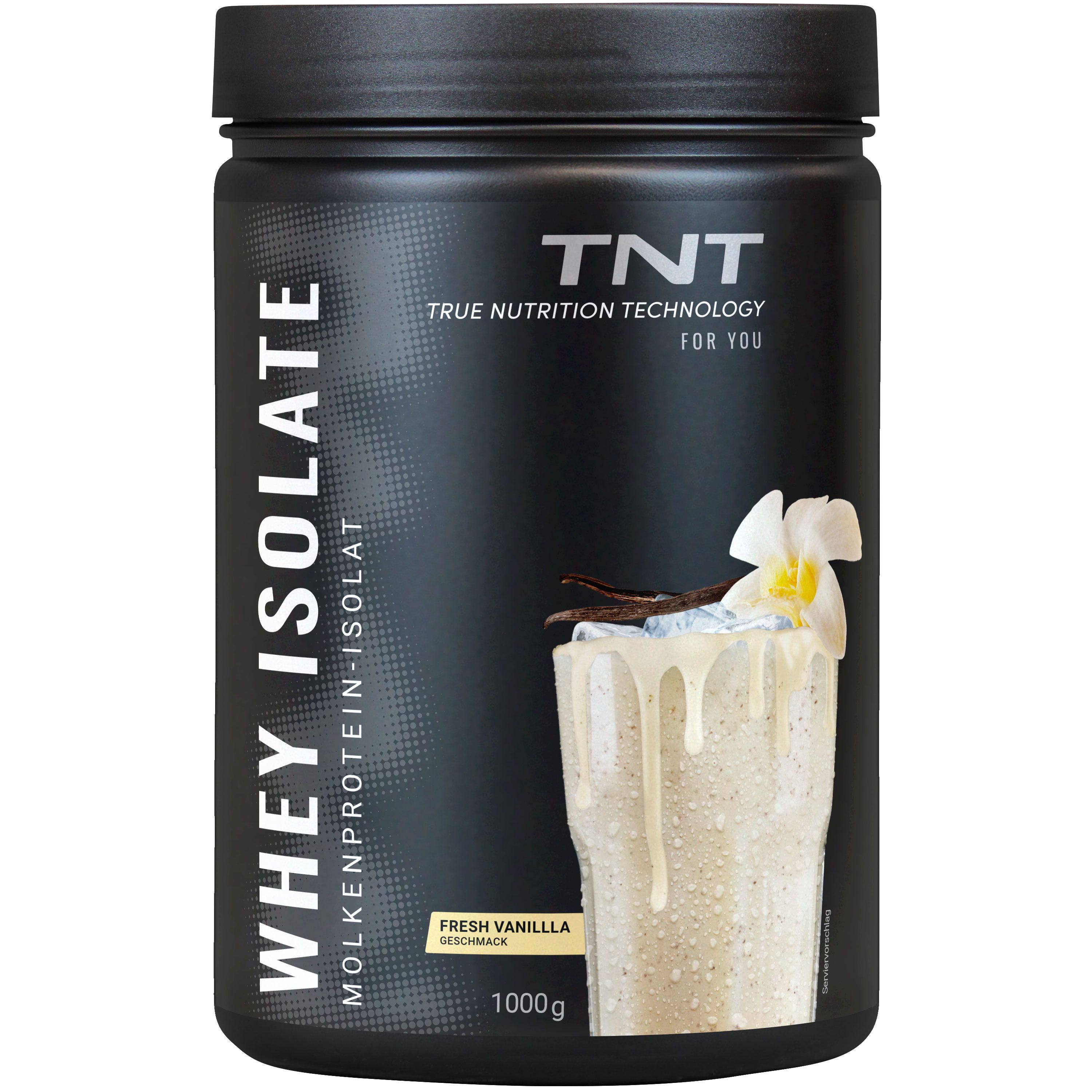 Schwarze Dose TNT Whey Isolate, Vanille-Geschmack, 1000g. Abbildung eines Shakes mit Vanille und Vanilleschote.