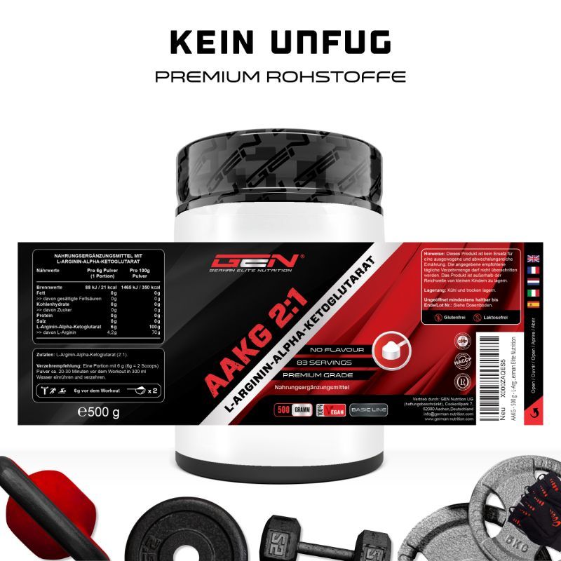 Produktverpackung mit Text: AAKG 2:1, L-Arginin-Alpha-Ketoglutarat. Enthält Informationen zu Inhaltsstoffen und Nährwerten. 500g.