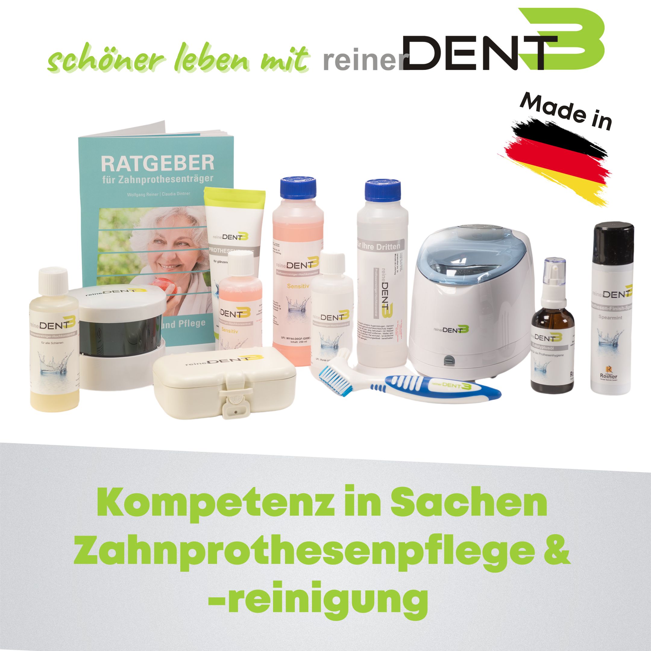 Produktpalette: reinerDENT3 Produkte, Reinigungsgerät, Zahnbürste, Ratgeber. Text: Kompetenz in Sachen Zahnprothesenpflege & -reinigung.