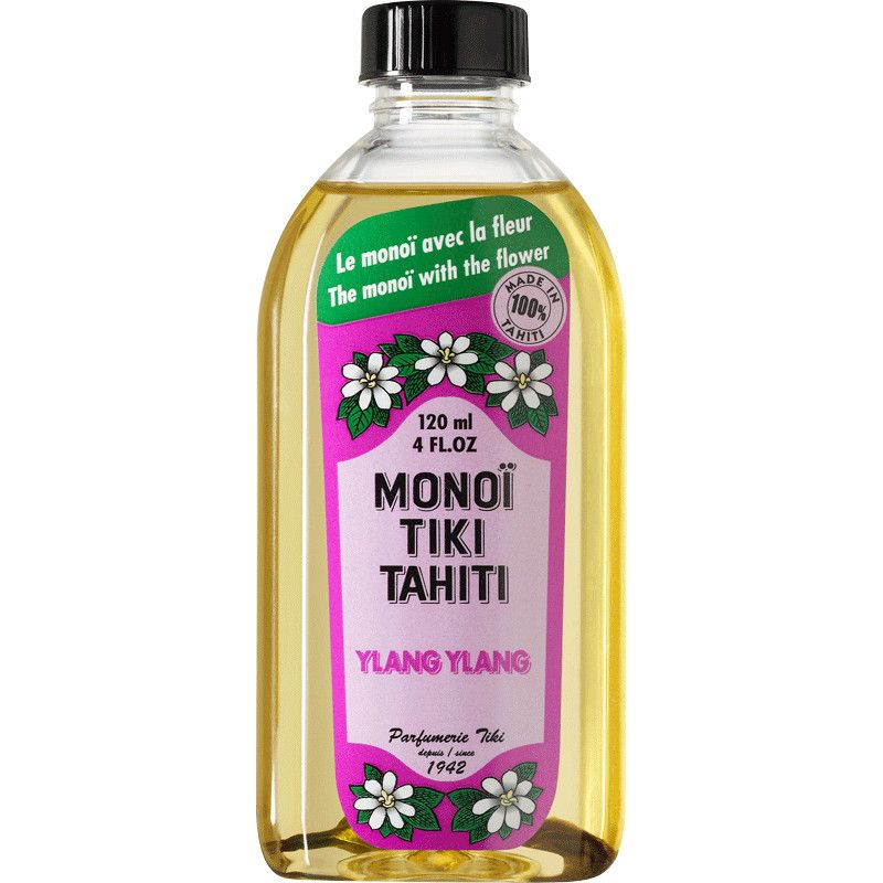 Klare Glasflasche mit schwarzem Deckel. Etikett mit Produktnamen, Blumen und Text. "100% Made in Tahiti".