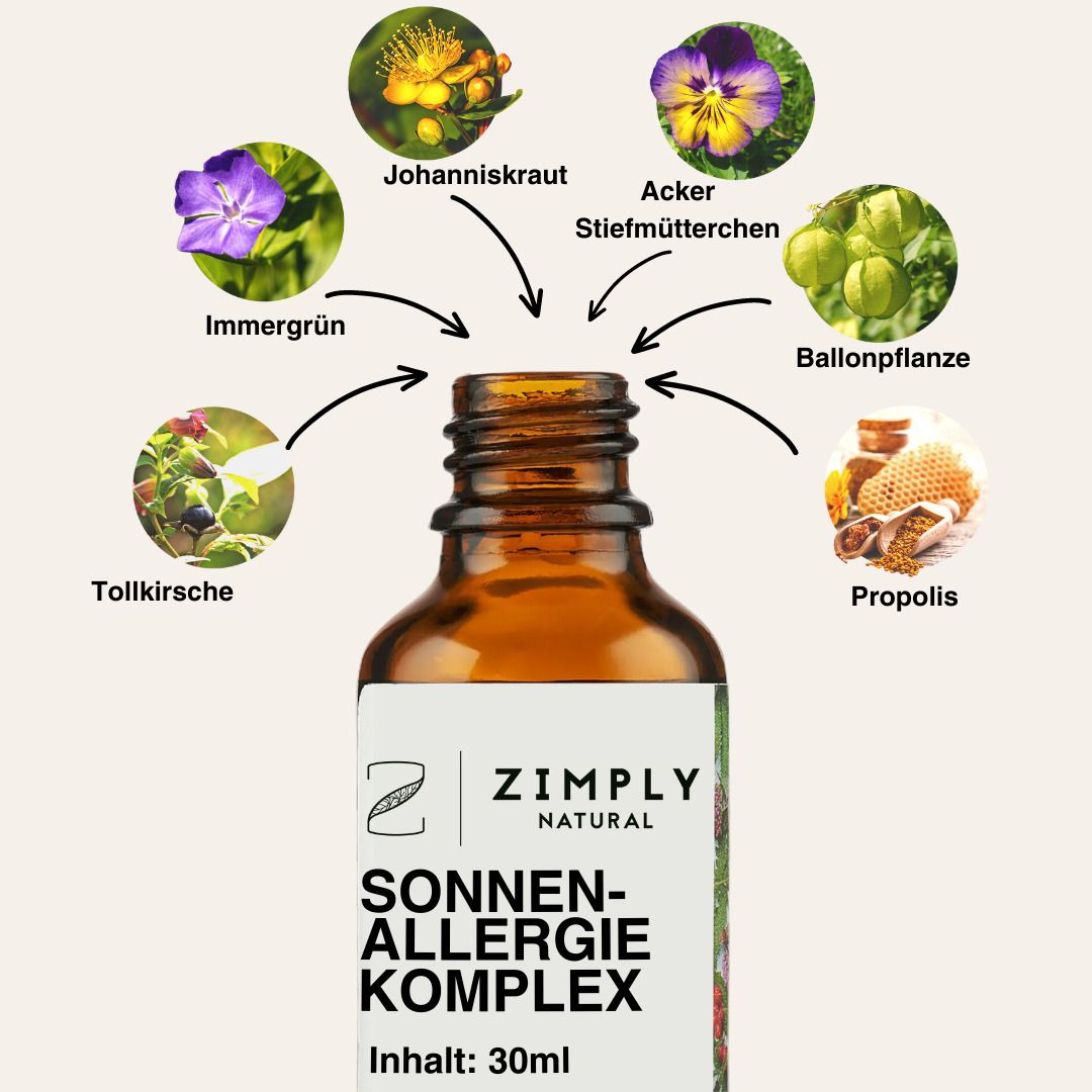 Braune Flasche mit Sprühkopf. Grafische Darstellung von Pflanzen und Kräutern. Text: Sonnenallergie Komplex. Logo: ZIMPLY NATURAL.