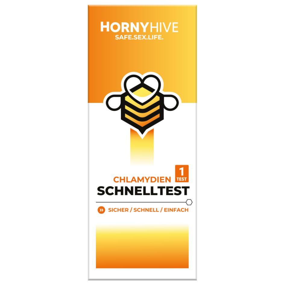 Verpackung des Chlamydien Schnelltests. Orange-weißes Design mit Logo und Text: CHLAMYDIEN SCHNELLTEST.