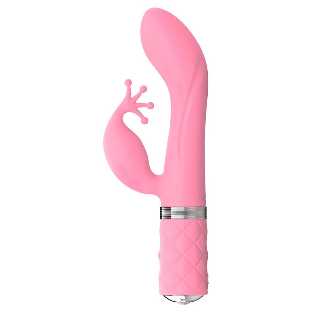 Rosa Vibrator mit gebogener Form und Klitorisreizer. Silberfarbene Akzente am Griff. Diamantmuster am unteren Griffbereich.