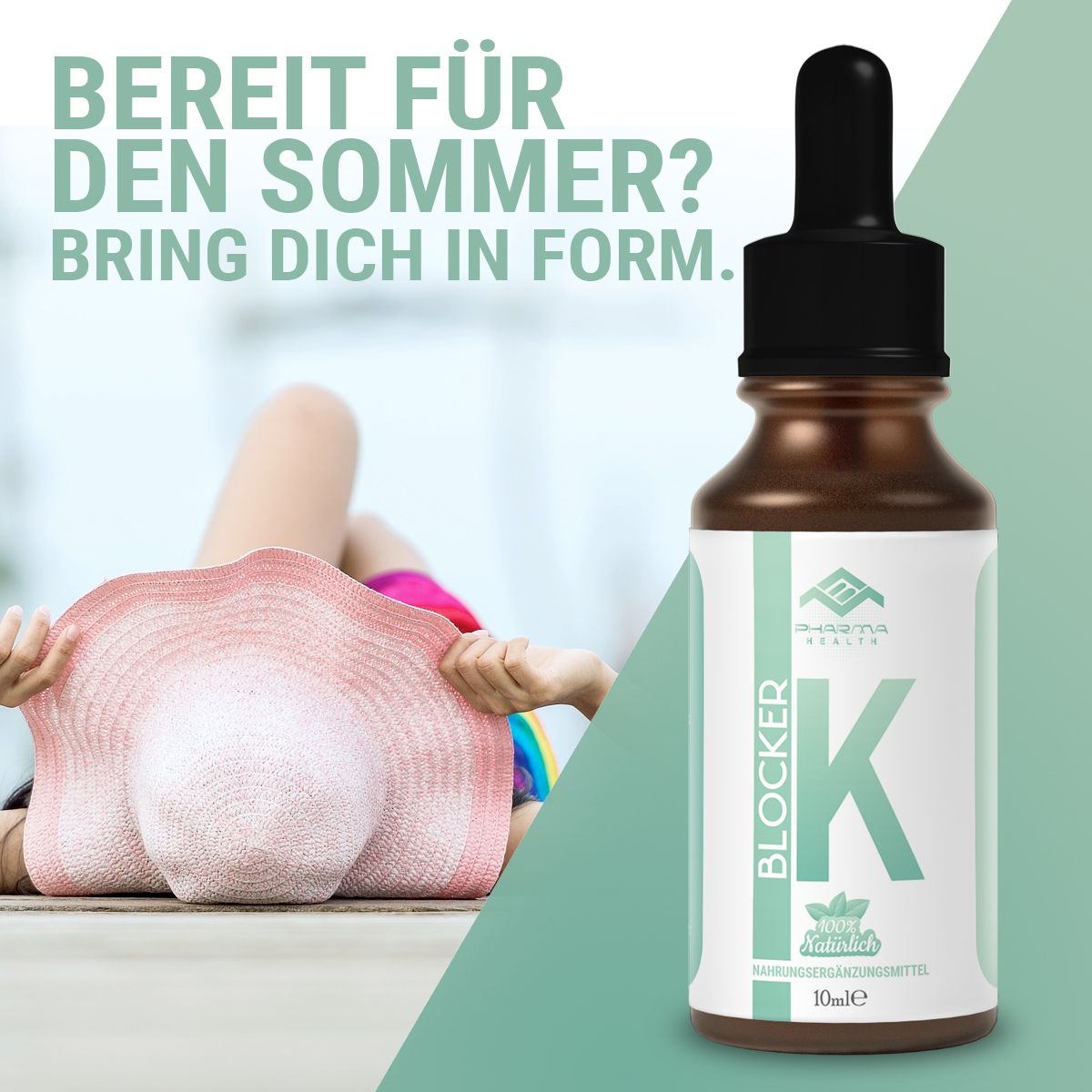 Braune Flasche mit schwarzem Tropfer. Aufschrift: Pharma Health, K Blocker, 100% natürlich, 10 ml. Frau mit Hut.