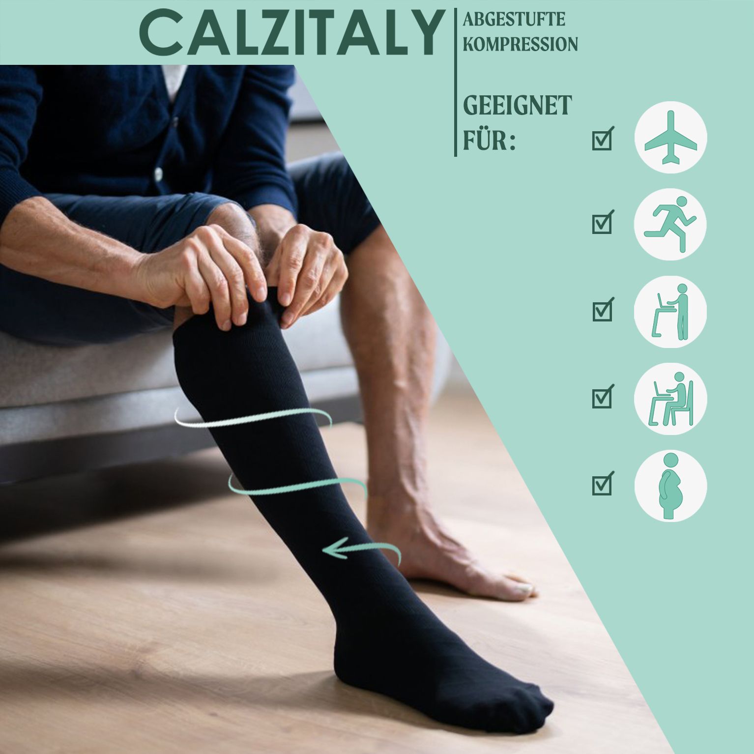 CALZITALY Unisex Kniestrümpfe aus Baumwolle Abgestufter Kompression 14-16 mm/Hg Made in Italy