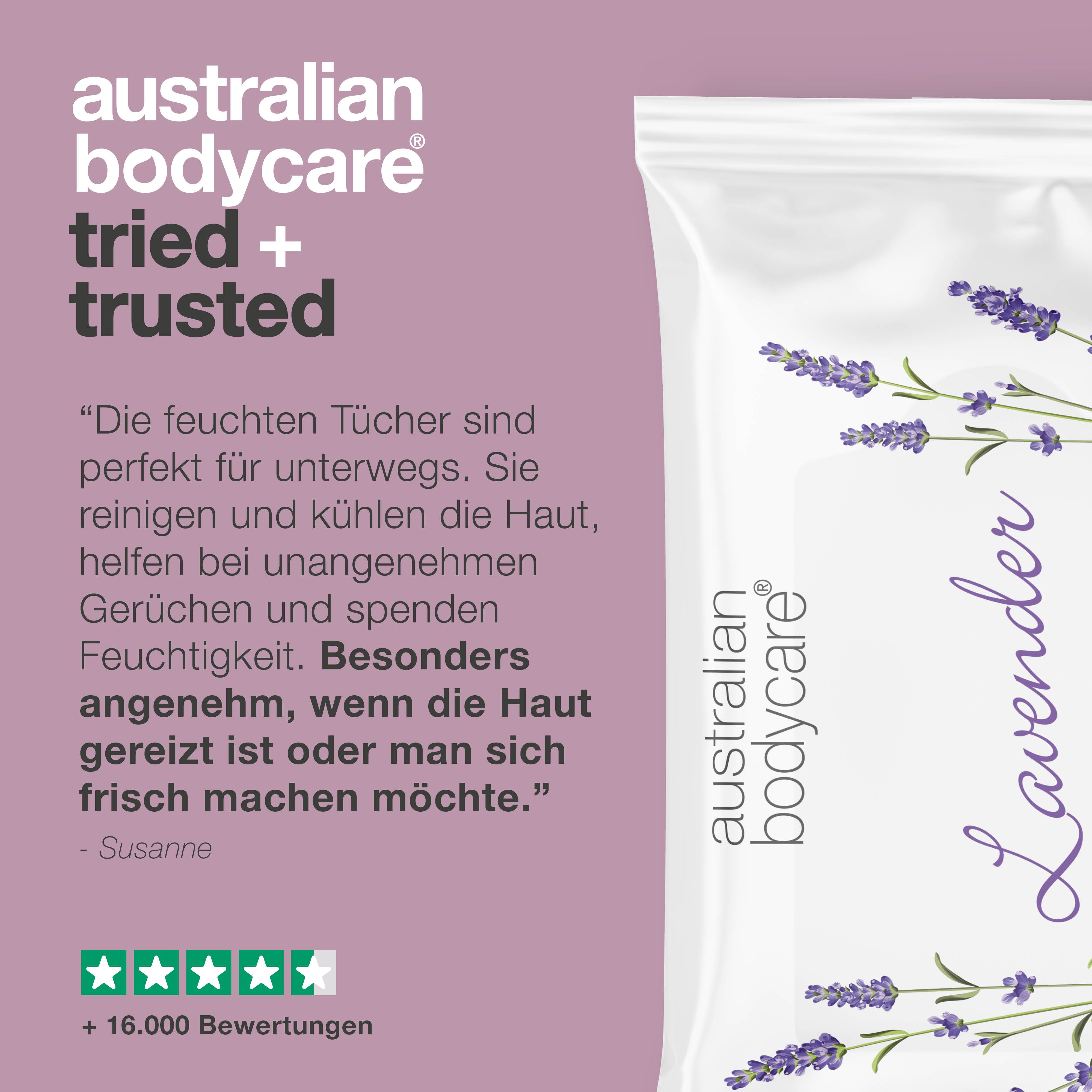 Produktverpackung mit Text: "australian bodycare", "Lavender", und Text mit Sternen.