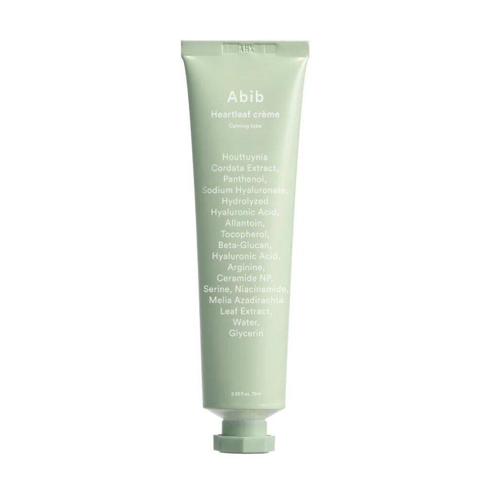 Abib Heartleaf Creme Tube mit Inhaltsstoffliste auf der Vorderseite.