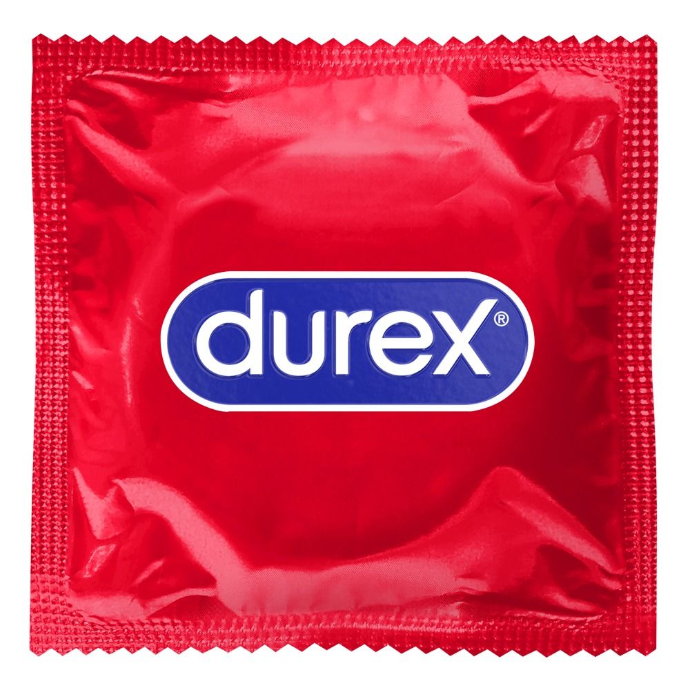 Einzelne rote Durex Kondom-Verpackung mit weißem Logo.