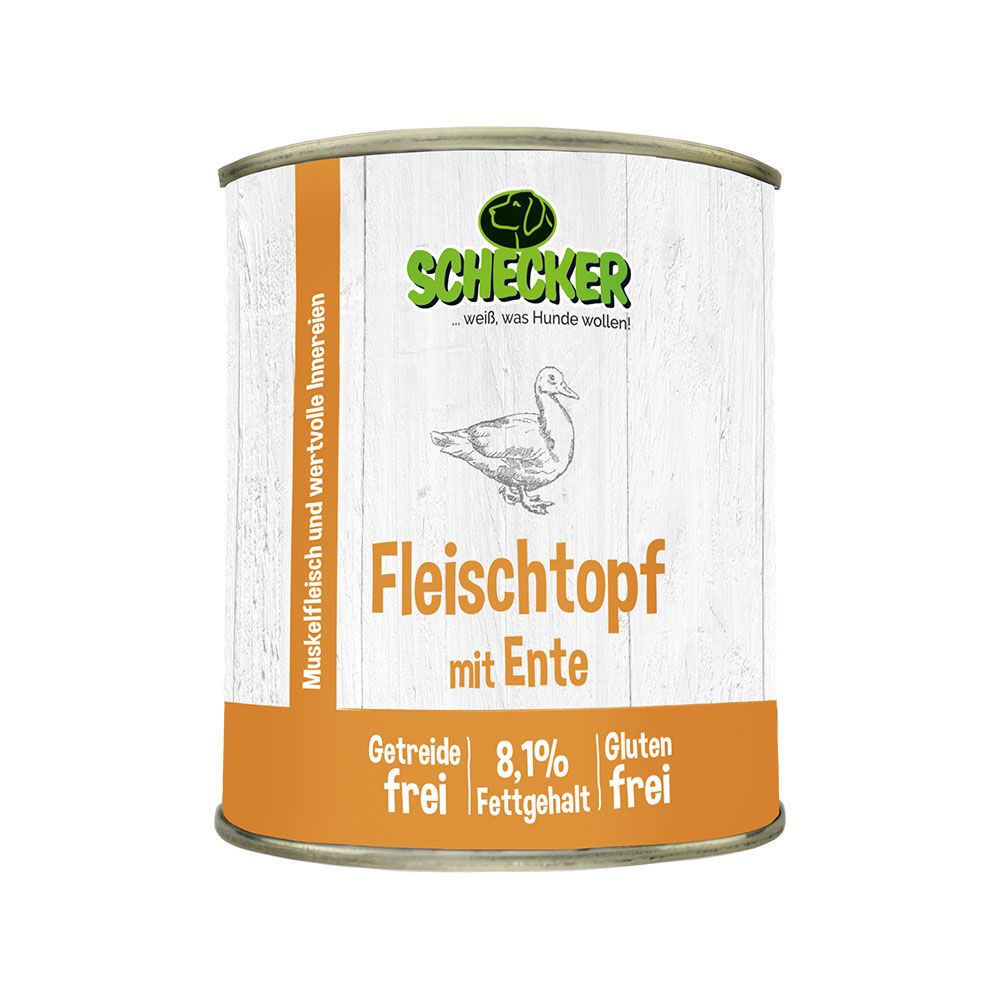 Schecker Fleischtopf mit Ente. Dose mit Etikett. Text: Getreidefrei, glutenfrei. Zeichnung einer Ente.