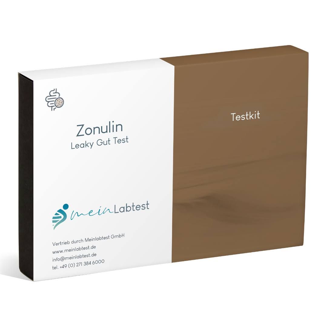 Weiß-braune Schachtel mit Aufschrift "Zonulin Leaky Gut Test" und Logo. Enthält Testkit. Aufdrucke: meinLabtest, Zonulin, Testkit.