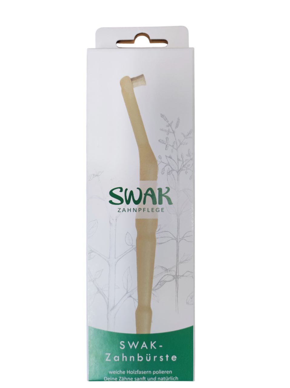 Produktverpackung mit Zahnputzstab. Auf der Verpackung steht 'SWAK ZAHNPFLEGE'.