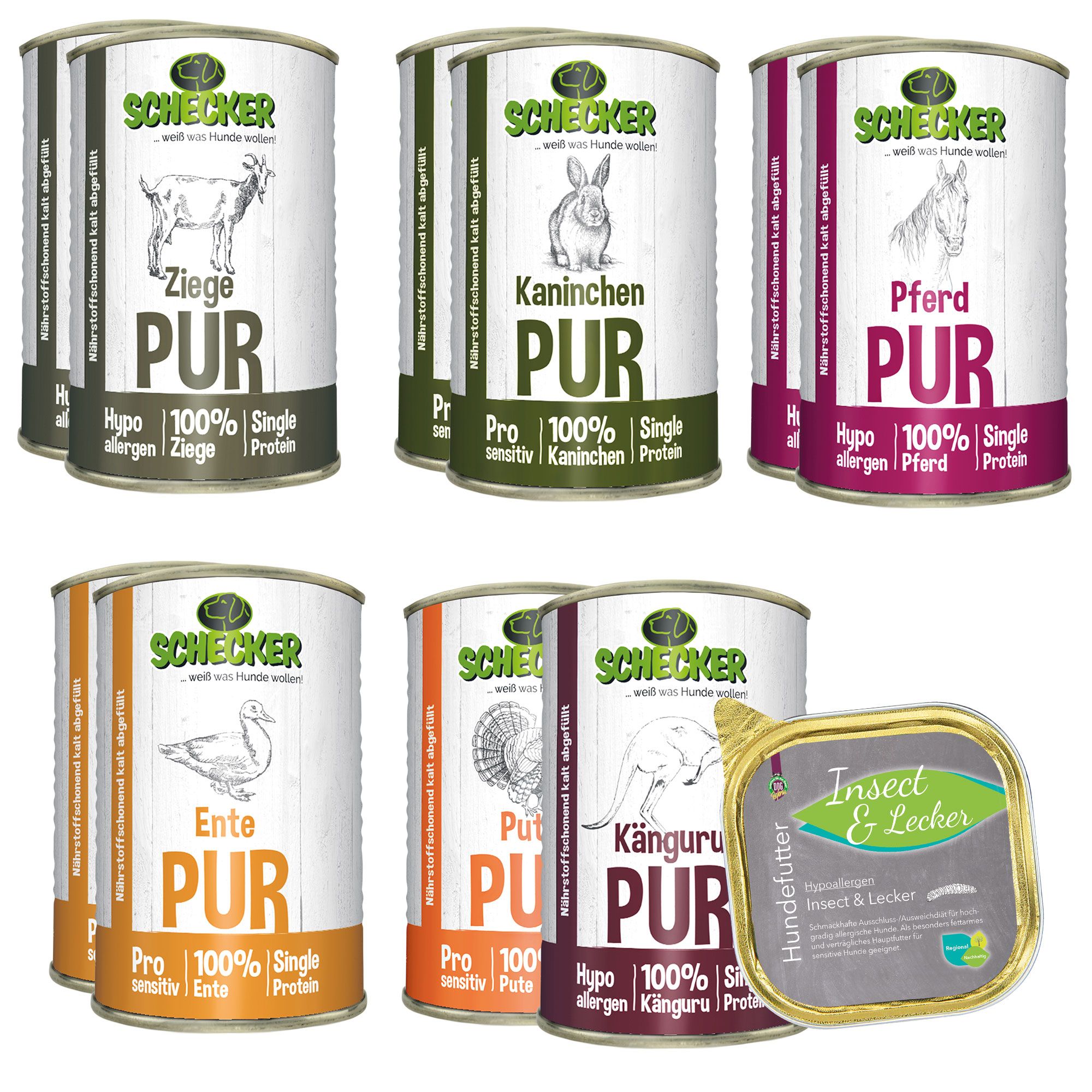 Mehrere Dosen Hundefutter. Auf jeder Dose ist ein Tier abgebildet: Ziege, Kaninchen, Pferd, Ente, Pute, Känguru. Text: PUR, Hypo, Pro, 100% Single Protein.