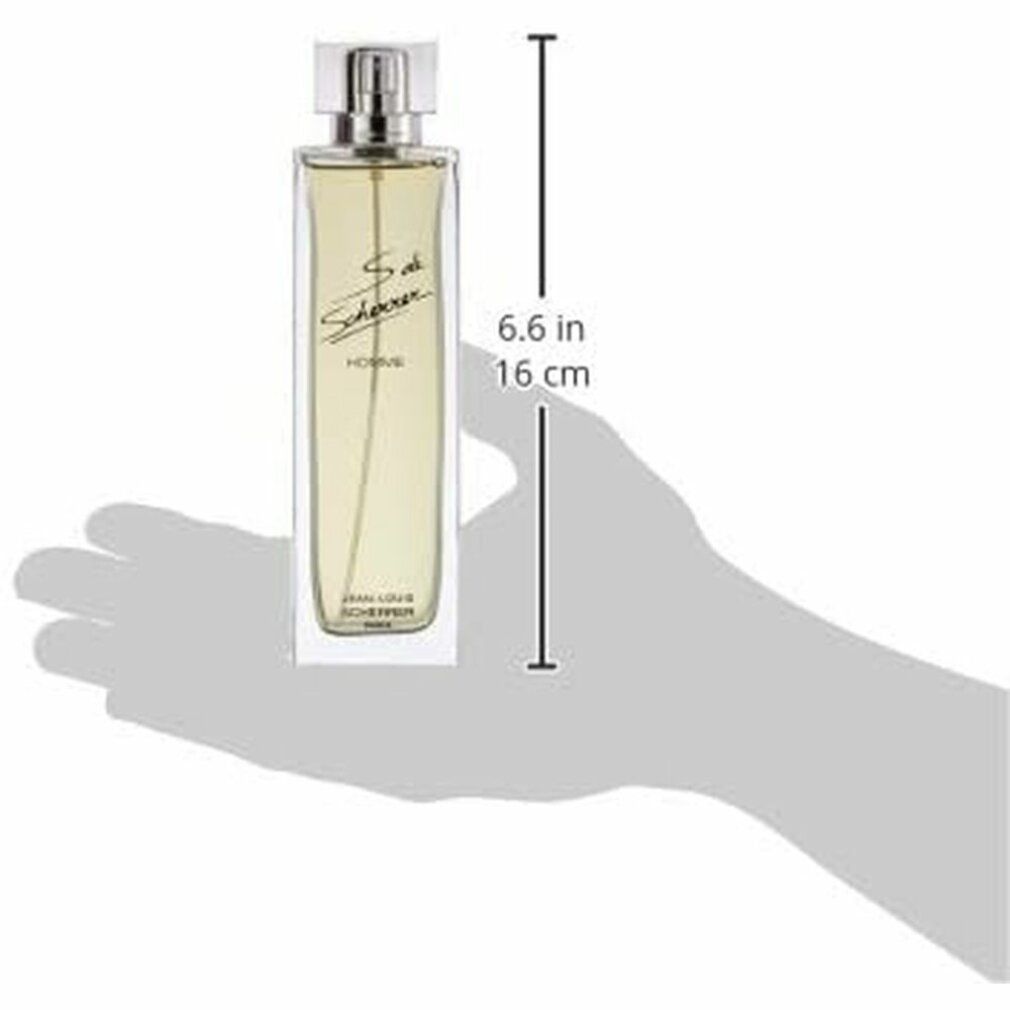 Hand hält Flasche. Maßangabe: 16 cm. Flasche: S de Scherrer, Homme, Jean-Louis Scherrer, Paris.
