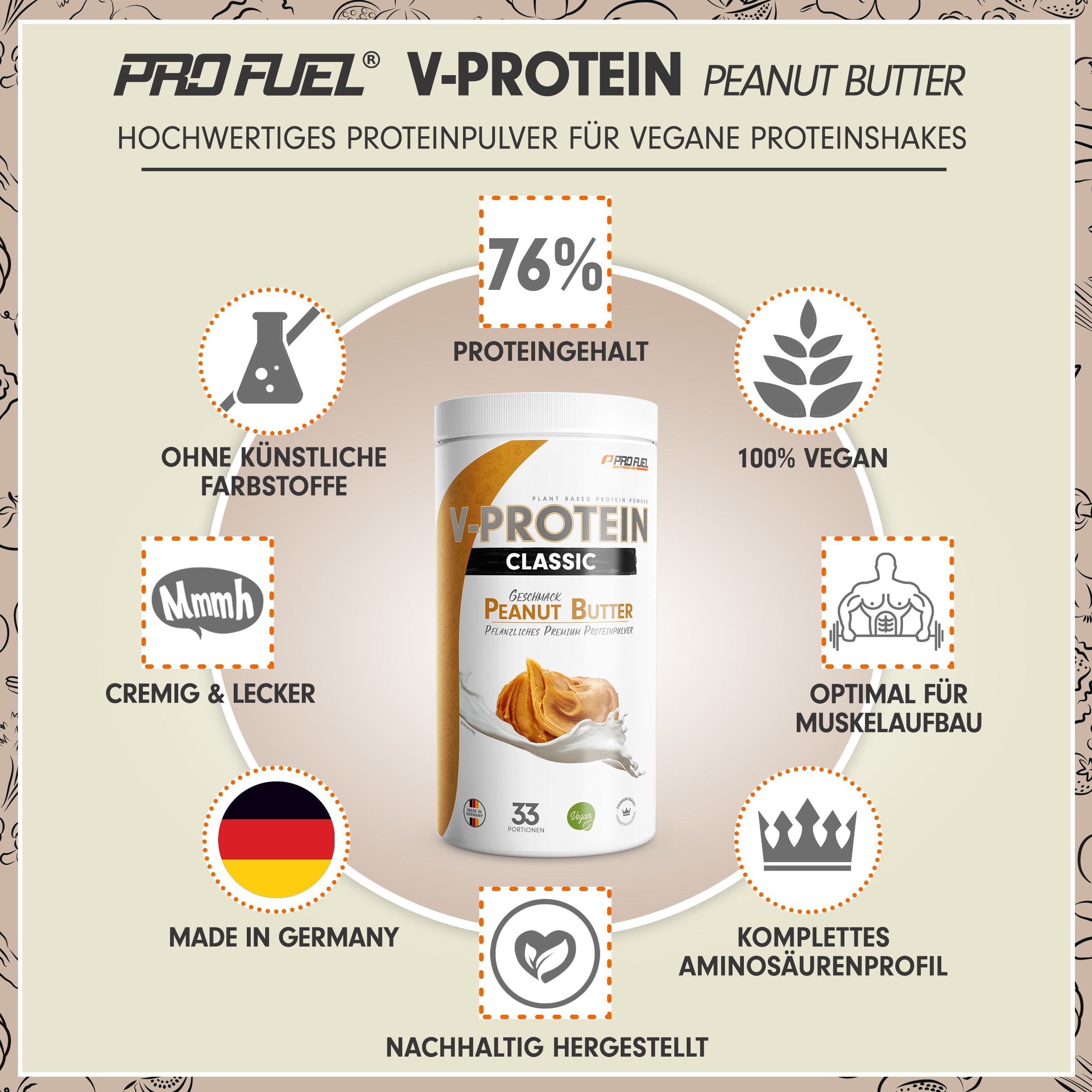 ProFuel - V-Protein Classic Erdnussbutter veganes Proteinpulver mit 76% Protein 1000 g Pulver