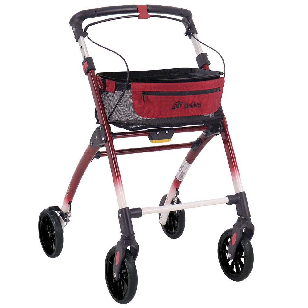 Roter Rollator mit schwarzem Netzkorb und Griffen. Vier Räder, zwei davon lenkbar.