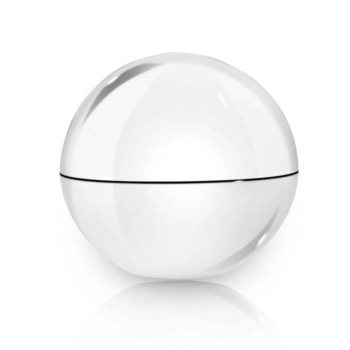 Kugelförmiger, weißer Behälter mit schwarzem Band. Reflektierende Oberfläche. Auf weißem Hintergrund.