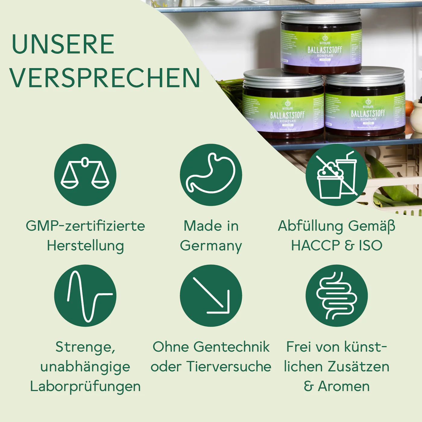 Drei Dosen im Kühlschrank. Text: Unsere Versprechen. Symbole: GMP-Zertifizierung, Made in Germany, HACCP & ISO, Laborprüfungen, keine Gentechnik.