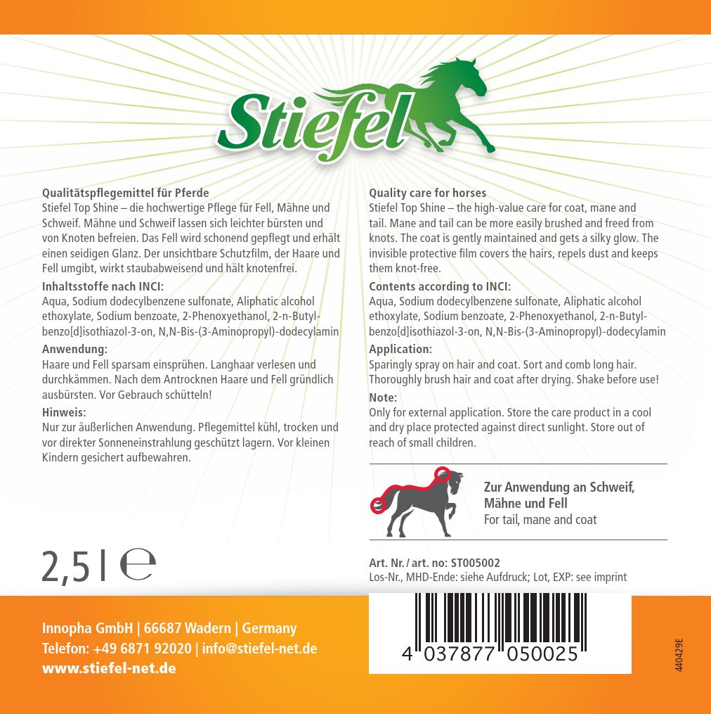 Etikett mit Produktinformationen. Text: Stiefel Top Shine, 2,5 l. Inhaltsstoffe, Anwendungshinweise und Herstellerangaben.