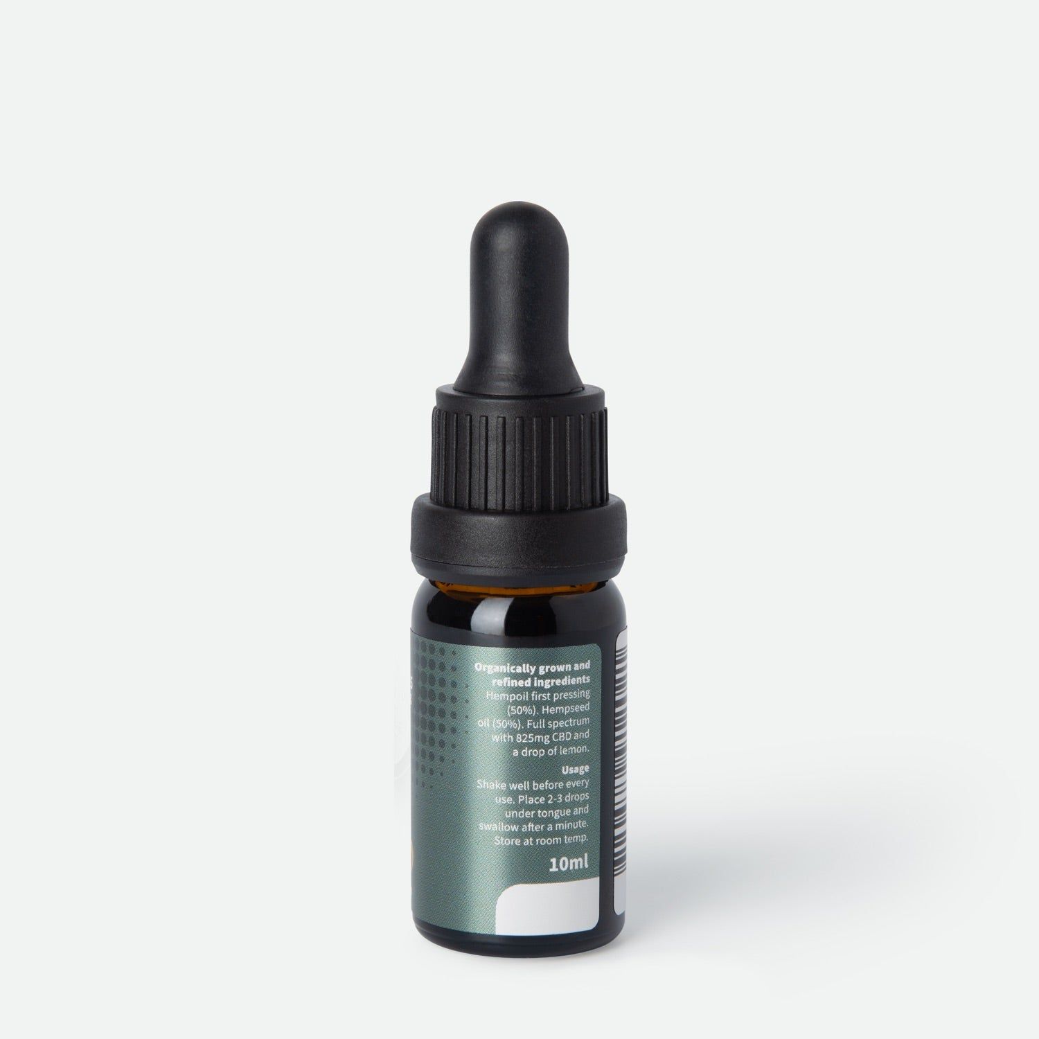 Rückseite einer CBD Öl Flasche mit Pipette, Etikett mit Produktinformationen und "10ml".