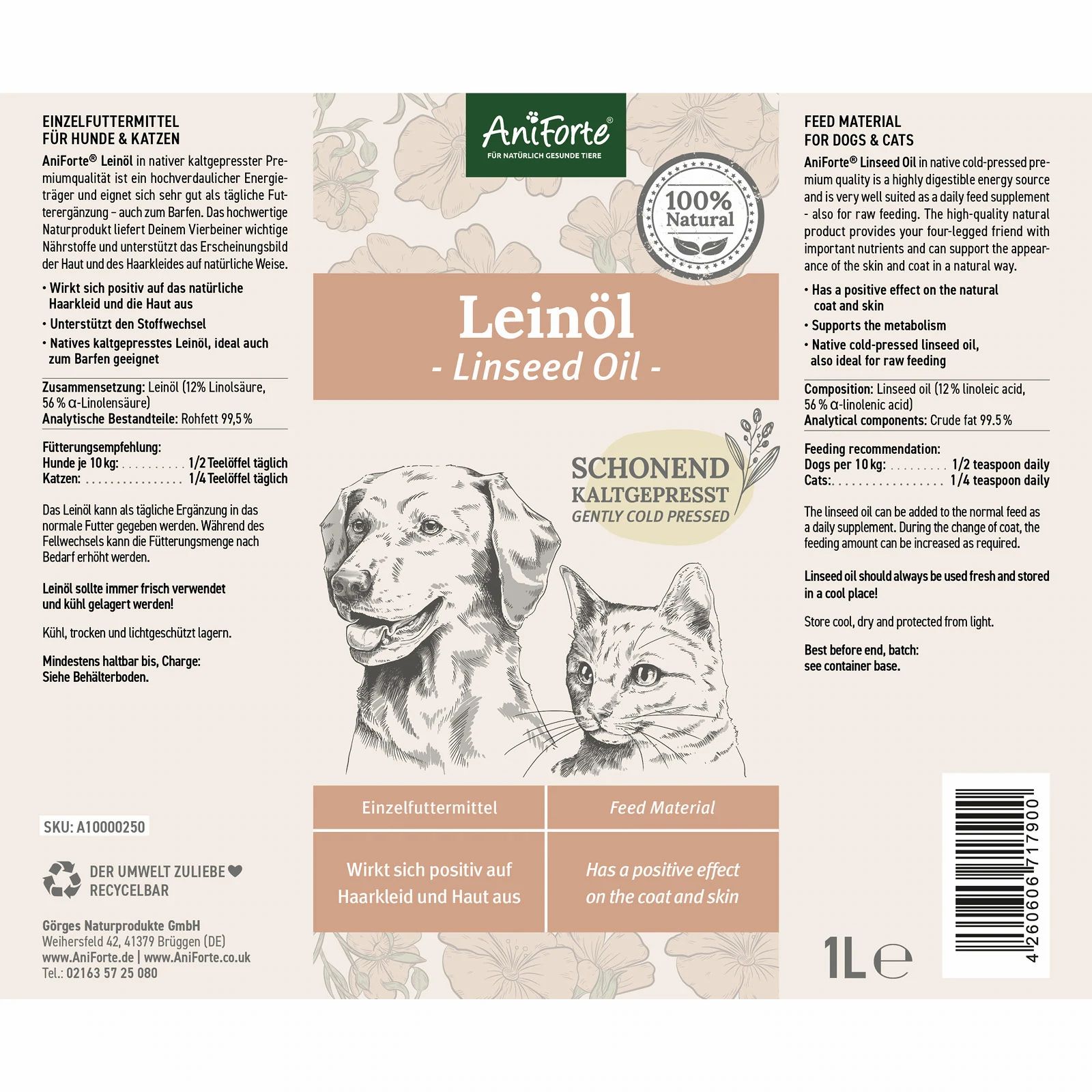 Leinöl-Etikett mit Hund und Katze. Text: AniForte, Leinöl, schonend kaltgepresst, 1L. 100% Natural.