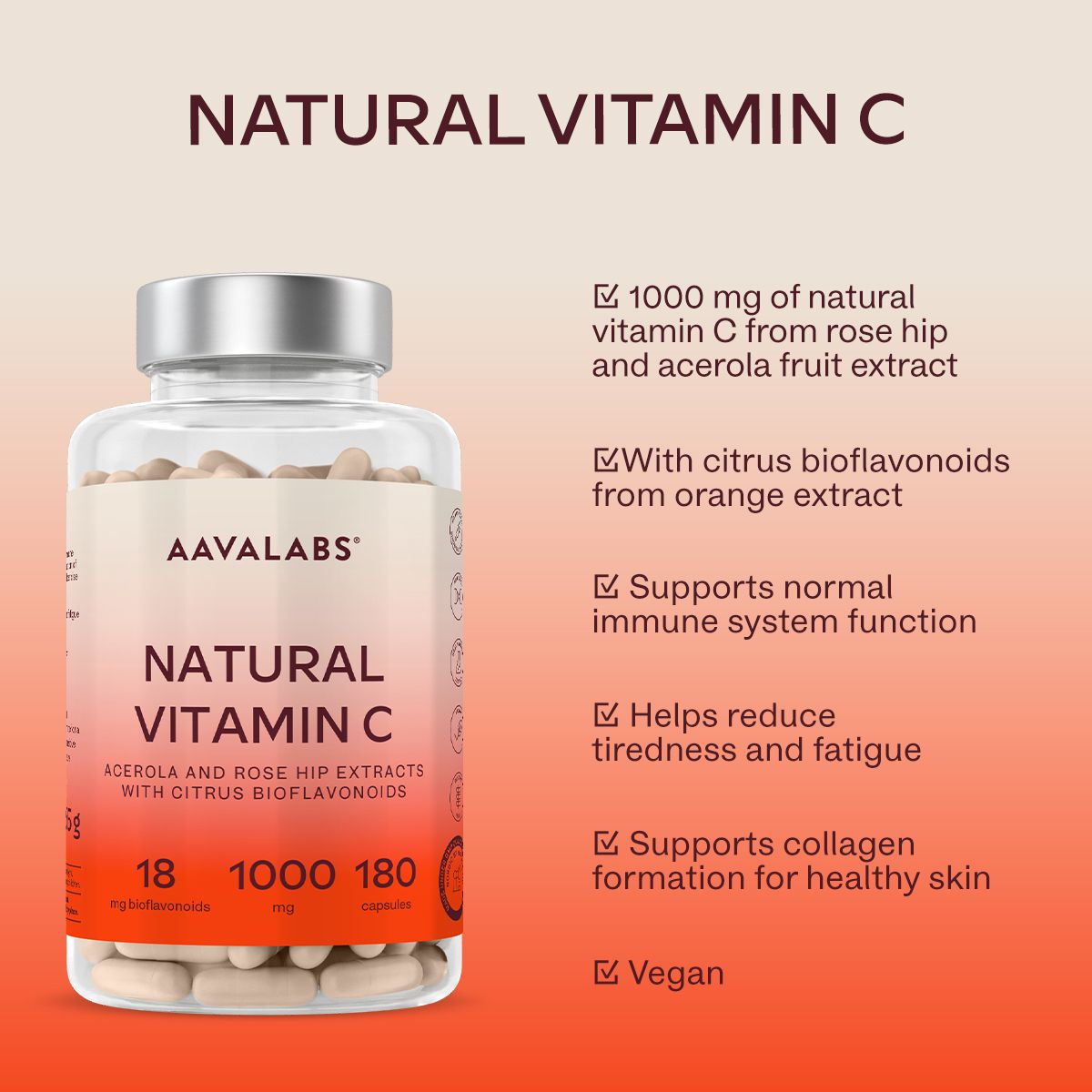 Glasflasche mit Kapseln. Aufschrift: Natural Vitamin C. Vegan.
