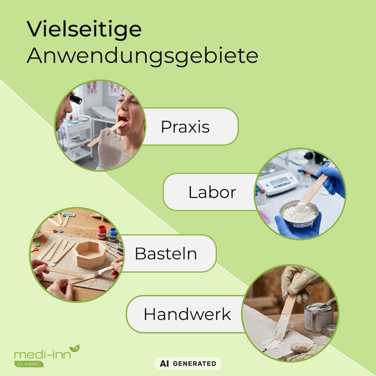 Anwendungsgebiete: Praxis, Labor, Basteln, Handwerk. Hölzerne Mundspatel.