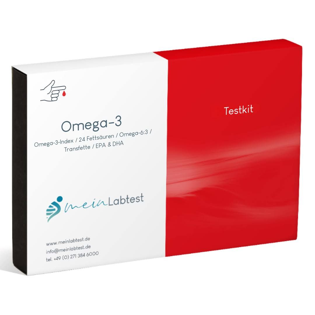 Weiß-rote Verpackung mit Meinlabtest-Logo und Omega-3-Test-Informationen. Enthält ein Testkit-Etikett und eine Abbildung einer Hand mit Blutstropfen.