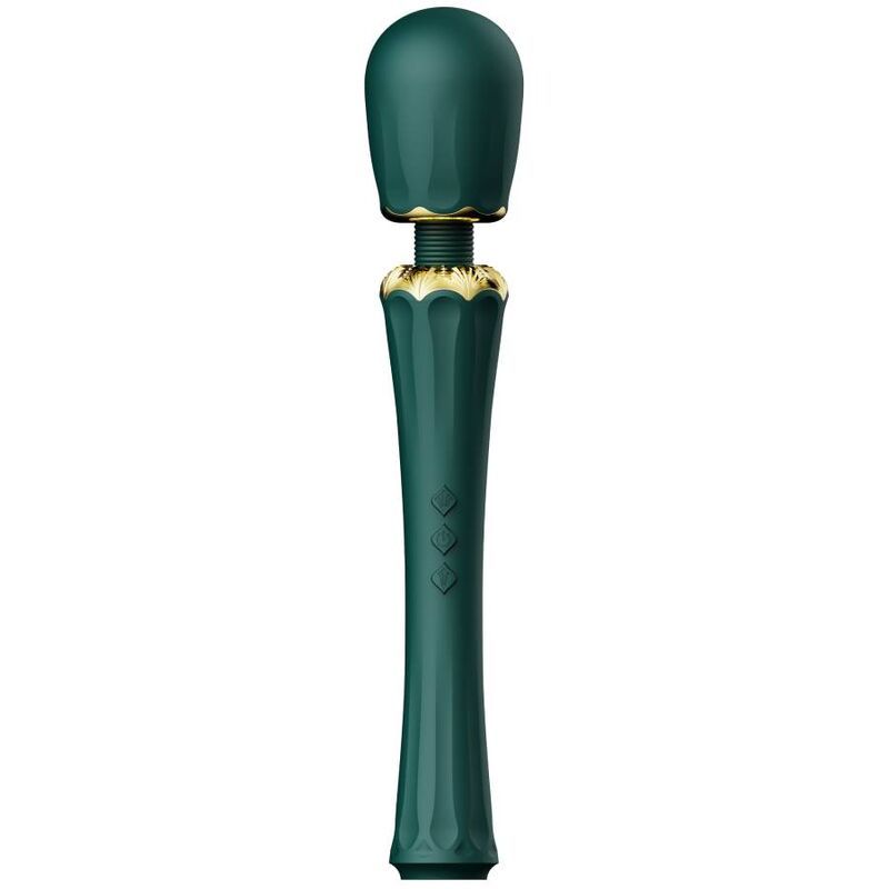 Dunkelgrüner Stabvibrator. Goldfarbene Akzente. Geformte Oberfläche. Drei Knöpfe. Zalo-Logo.
