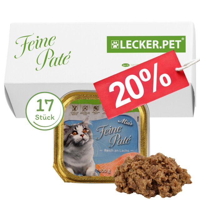 Katzenfutter-Packung mit 17 Stück, Dose mit Produkt, 20% Rabatt-Etikett. Aufschrift: Feine Paté, Reich an Lachs.