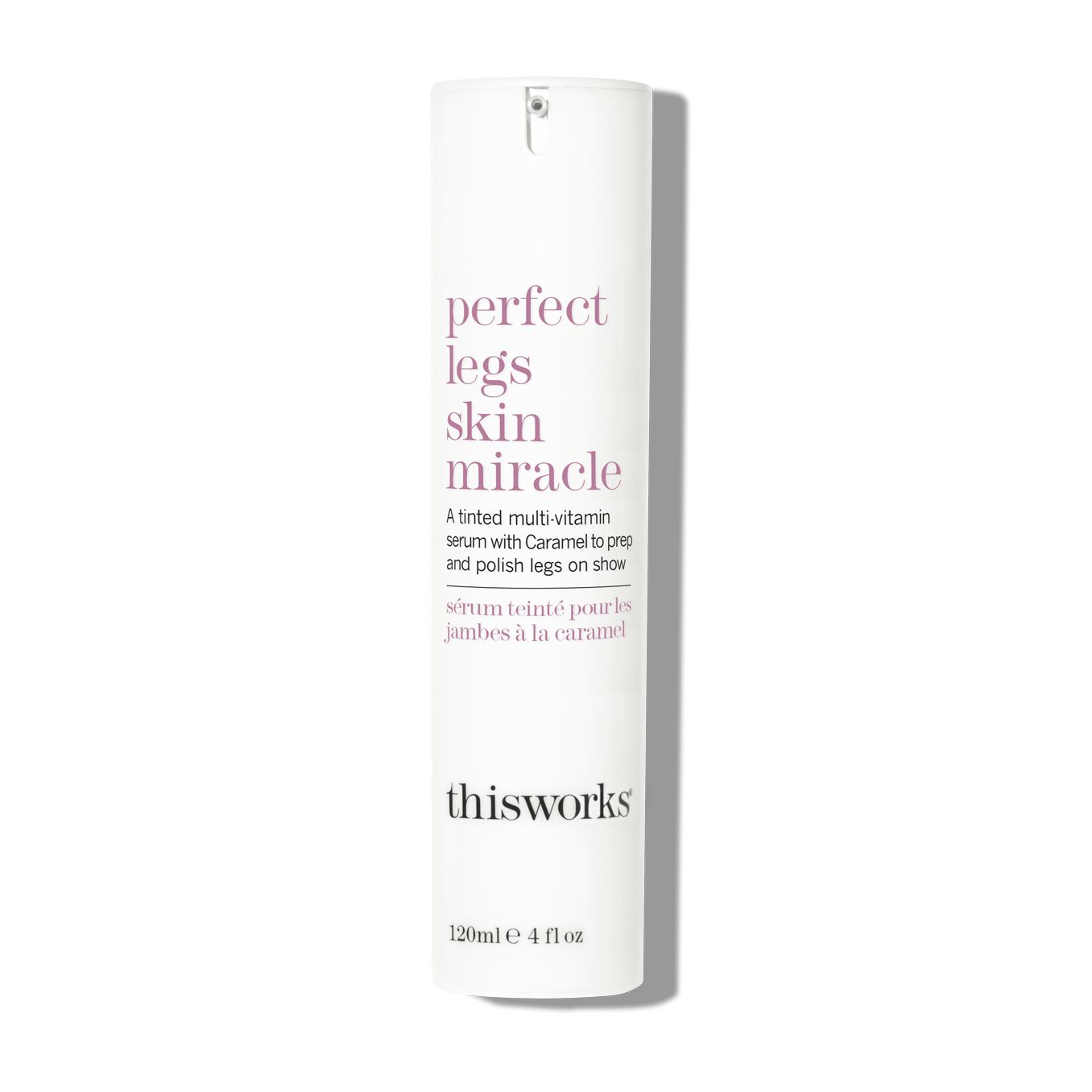 Zylindrische Flasche mit "perfect legs skin miracle"-Aufdruck. Marke "thisworks". Text: "A tinted multi-vitamin serum..."