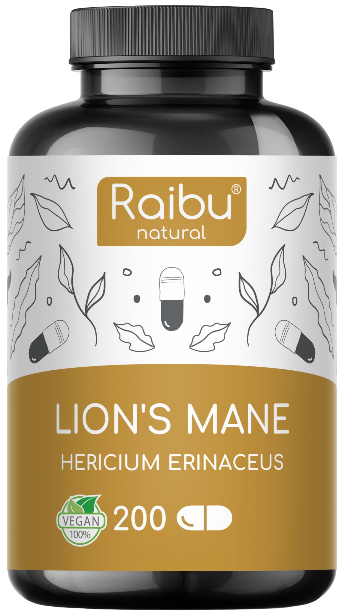 Braune Flasche mit weißem Etikett. Aufschrift: Lion's Mane, Hericium Erinaceus, 200 Kapseln. Vegan-Siegel.