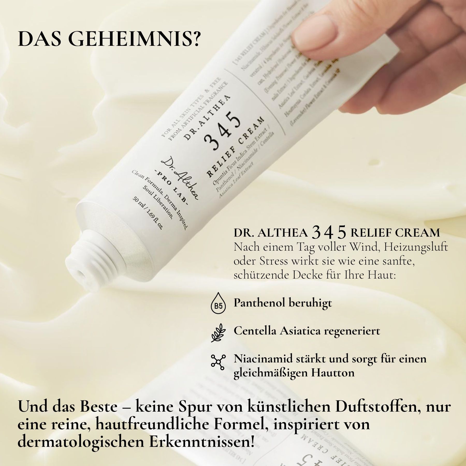 Tube Dr. Althea 345 Relief Cream. Produkt wird auf eine Oberfläche aufgetragen. Text: Pantenol beruhigt, Centella Asiatica regeneriert.