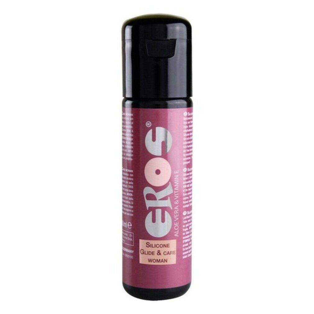 Flasche mit schwarzem Deckel. Aufschrift: EROS, Silicone Glide & Care, WOMAN. Enthält Aloe Vera & Vitamin E.